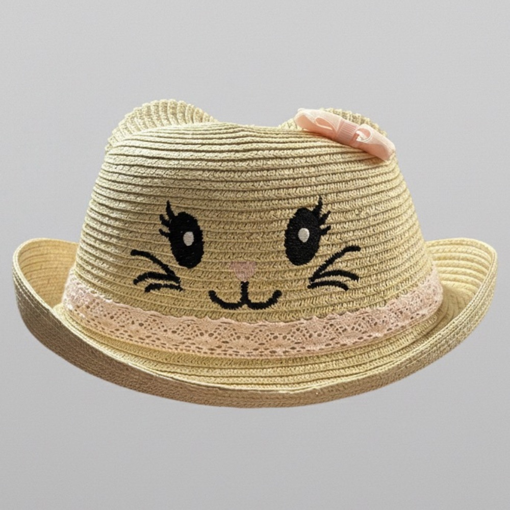 🔴 The Children's Place Toddler Girl Cat Straw Sun Hat - Size M/L (3-5T) NWT